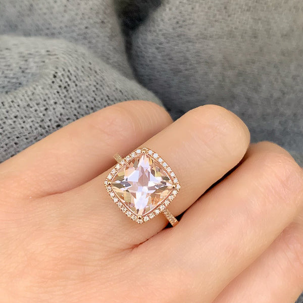 Square Cushion Morganite Ring | Unique Engagement Band | Liven