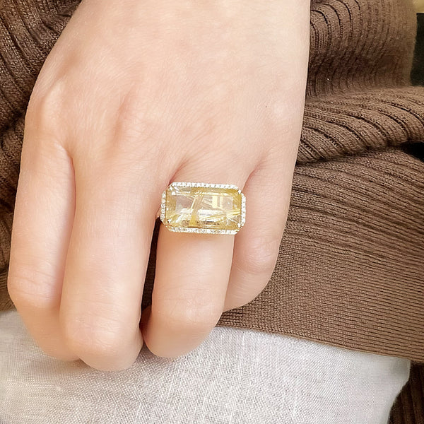 One of a Kind Emerald Cut Golden Rutilated Quartz Ring in Yellow