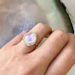 Rainbow moonstone and yellow gold with diamonds