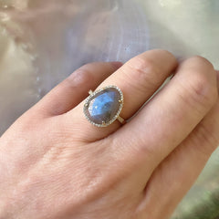 Organic shape labradorite ring in 14k yellow gold with diamonds
