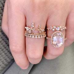 beautiful soft pink morganite rings, layered with rose gold and diamond rings
