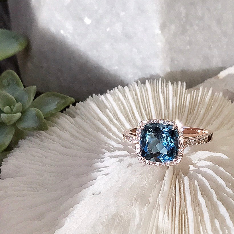 14K White Gold Blue Topaz and Diamond Halo Ring – Martin Busch Jewelers